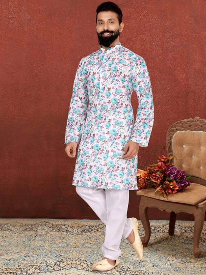 Off White Colour Cotton Kurta Pajama in Digital Print Work.