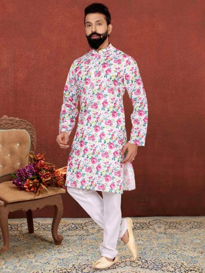 White,Pink Colour Digital Print Kurta Pajama.