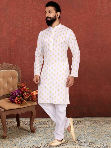 Digital Print Kurta Pajama Off White Colour.