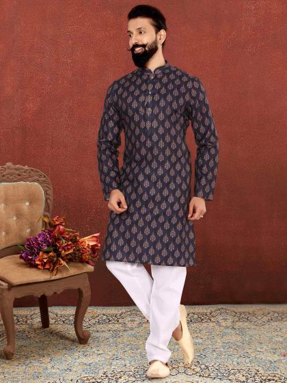 Navy Blue Colour Cotton Kurta Pajama.