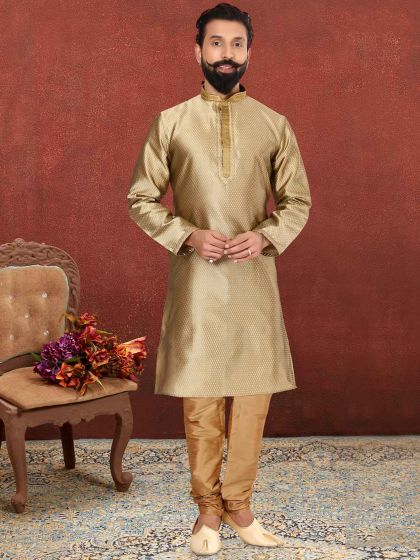 Beige,Golden Colour Jacquard,Silk Fabric Designer Kurta Pajama.