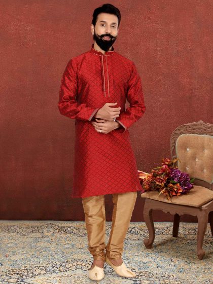 Maroon Colour Jacquard,Silk Fabric Mens Designer Kurta Pajama.