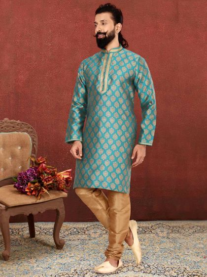 Green Colour Jacquard,Silk Fabric Mens Kurta Pajama.