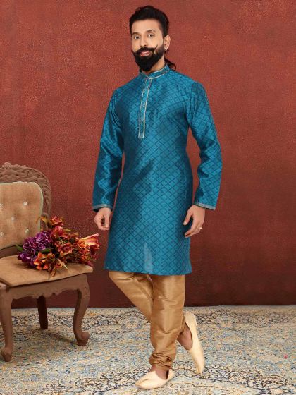 Rama Green Colour Jacquard,Silk Fabric Mens Kurta Pajama.