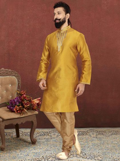 Mustard Yellow Colour Wedding Kurta Pajama.