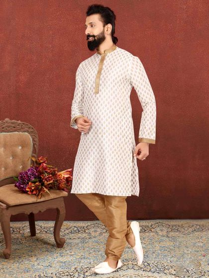 White Colour Dupion Silk Fabric Readymade Kurta Pajama.