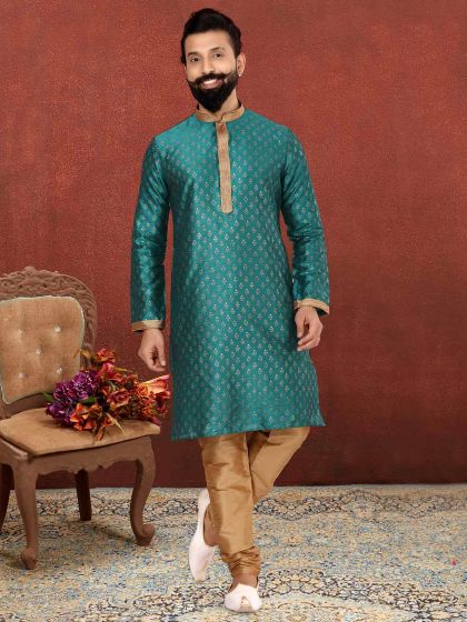 Rama Green Colour Dupion Silk Fabric Mens Kurta Pajama.