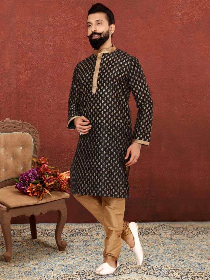 Black Colour Dupion Silk Fabric Party Wear Kurta Pajama.