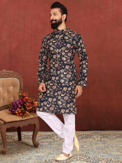 Black Colour Dupion Silk Fabric Printed Kurta Pajama.