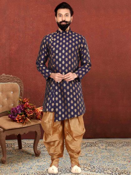 Blue Colour Jacquard,Silk Fabric Mens Indowestern.