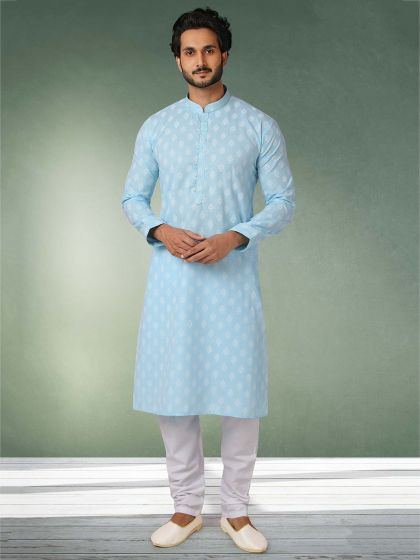 Sky Blue Colour Designer Kurta Pajama in Cotton Fabric.