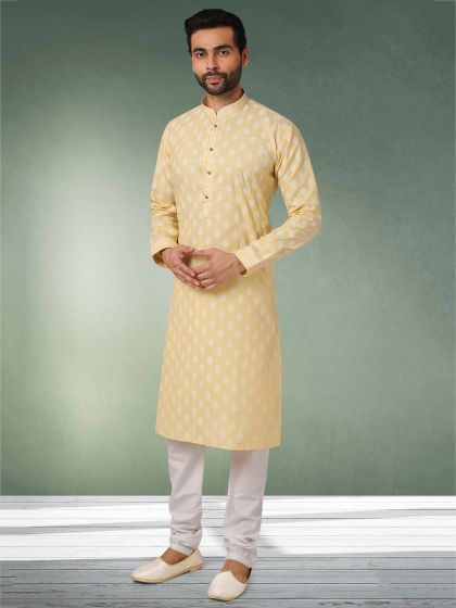 Light Yellow Colour Cotton Kurta Pajama in Digital Work.