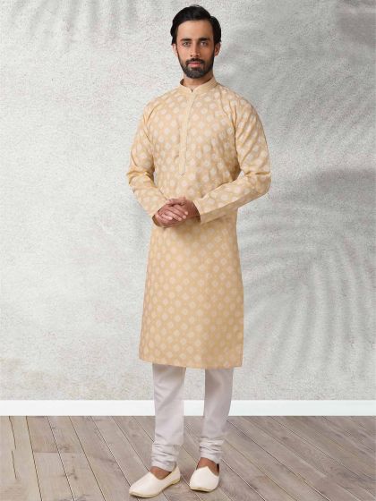 Beige Colour Cotton Fabric Mens Kurta Pajama.