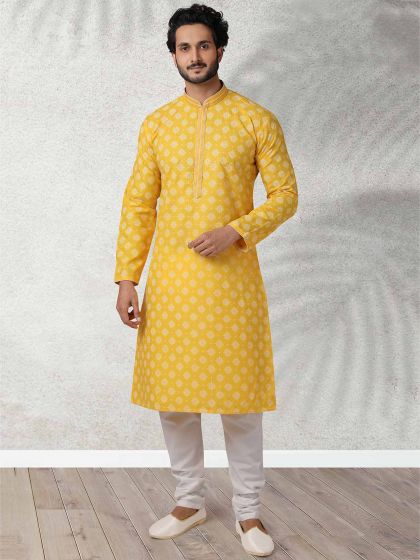 Yellow Colour Cotton Fabric Designer Kurta Pajama.