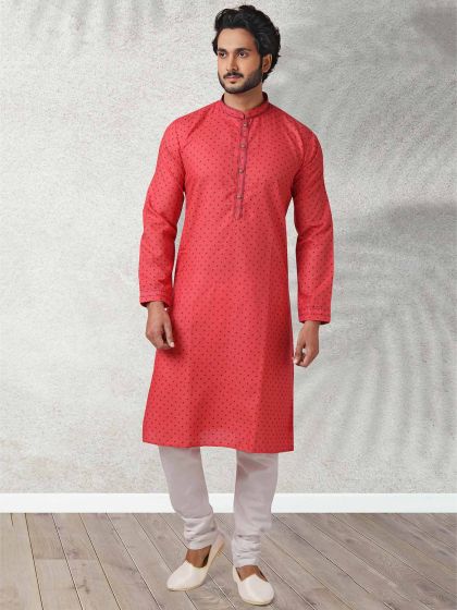 Red Colour Cotton Fabric Designer Kurta Pajama.