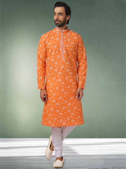 Orange Colour Cotton Kurta Pajama in Digital Print Work.