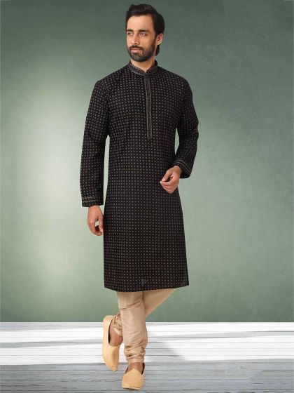 Black Colour Cotton Fabric Party Wear Kurta Pajama.