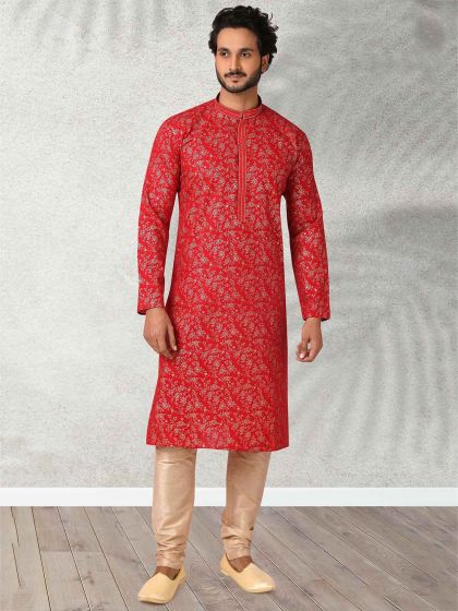 Red Colour Designer Kurta Pajama in Cotton Fabric.