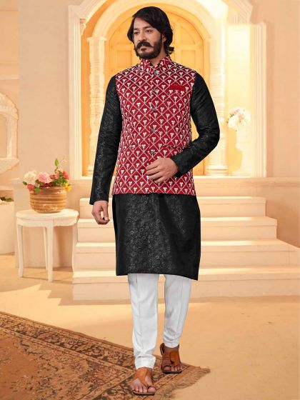 Black,Maroon Colour Art Silk Fabric Mens Kurta Pajama Jacket.