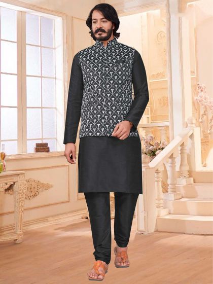 Black,Grey Colour Art Silk Fabric Mens Kurta Jacket.