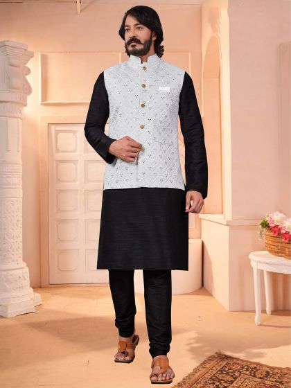 Art Silk Fabric Designer Kurta Pajama Black,White Colour.