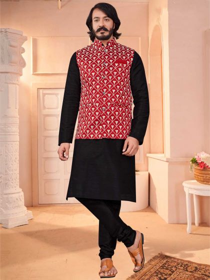 Black,Red Colour Mens Kurta Jacket in Art Silk Fabric.