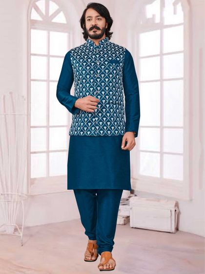 Teal Blue Colour Party Wear Kurta Jacket in Art Silk Fabric.