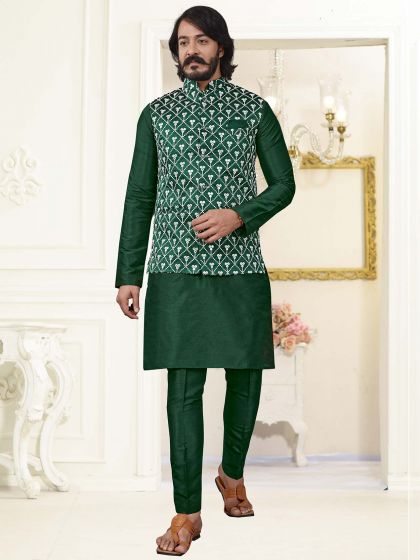 Green Colour Indian Kurta Pajama Jacket in Art Silk Fabric.