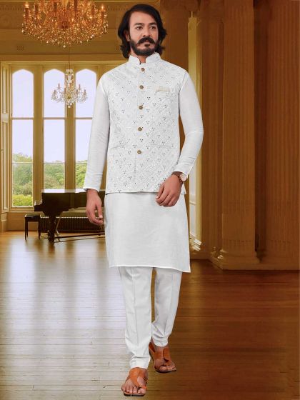 White Colour Kurta Pajama Jacket in Art Silk Fabric.