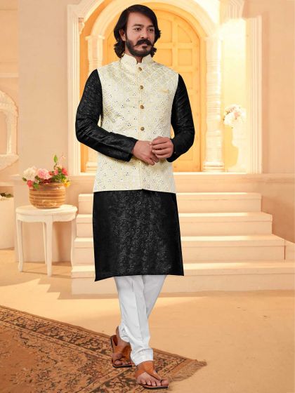 Black,Cream Colour Mens Kurta Pajama Jacket in Art Silk Fabric.