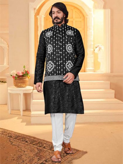 Black Colour Art Silk Fabric Mens Kurta Pajama Jacket.