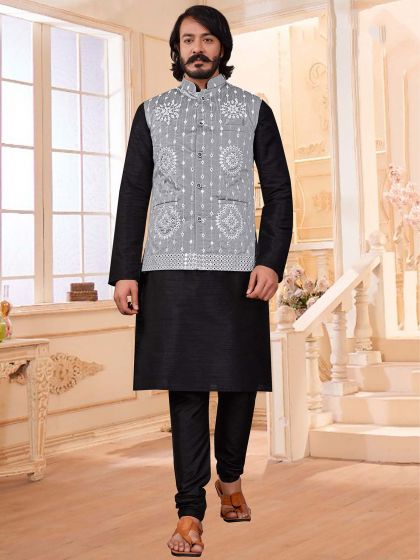 Art Silk Fabric Mens Kurta Jacket Black,Grey Colour.