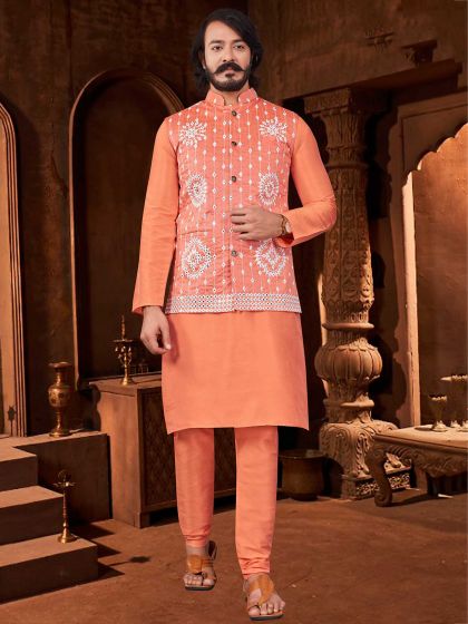 Orange Colour Art Silk Fabric Mens Kurta Pajama Jacket.