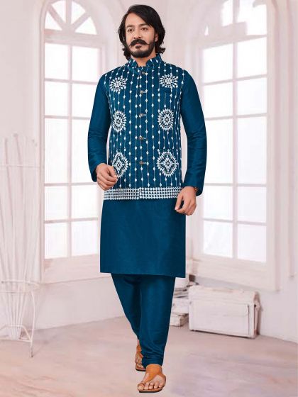 Teal Blue Colour Art Silk Fabric Designer Kurta Pajama Jacket.