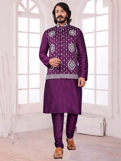 Magenta Colour Art Silk Fabric Mens Kurta Pajama Jacket.