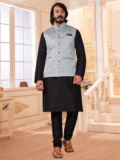 Art Silk Fabric Mens Kurta Pajama Jacket Black,Grey Colour.