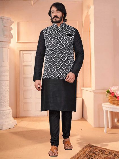 Black Colour Party Wear Kurta Pajama Jacket in Art Silk Fabric.