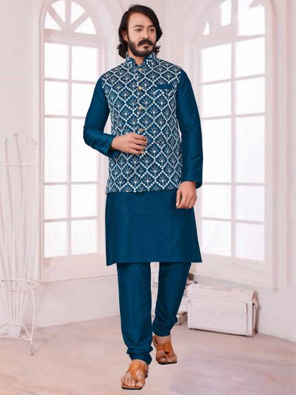 Teal Blue Colour Mens Kurta Pajama Jacket in Art Silk Fabric.