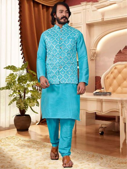 Sky Blue Colour Art Silk Fabric Kurta Pajama Jacket.