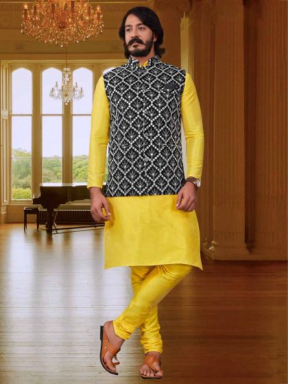 Yellow,Black Colour Art Silk Fabric Kurta Pajama Jacket.