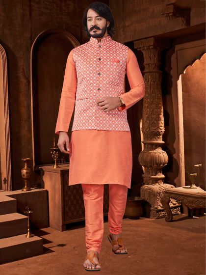 Orange Colour Art Silk Fabric Mens Kurta Jacket.