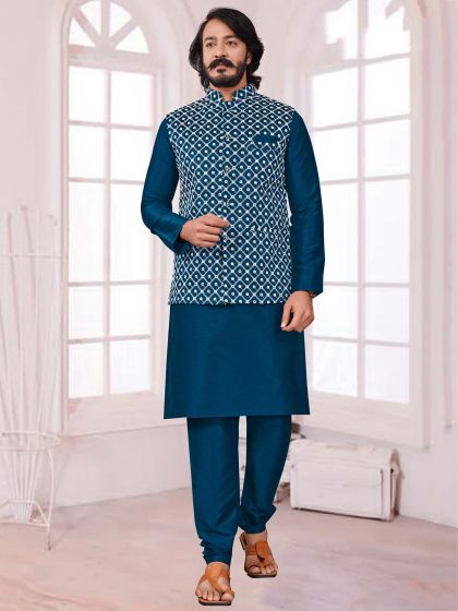 Teal Blue Colour Mens Kurta Pajama Jacket in Art Silk Fabric.