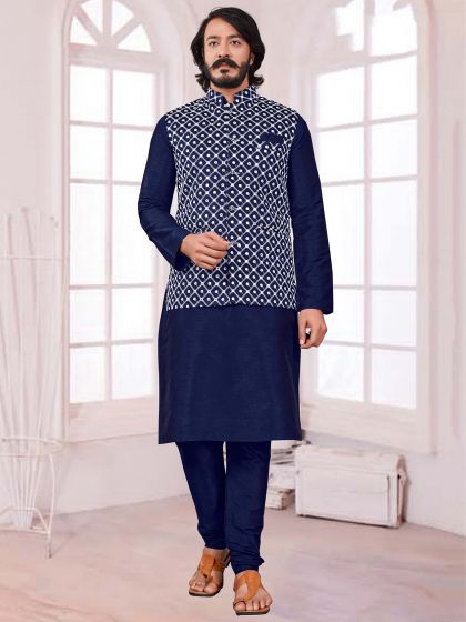 Blue Colour Designer Kurta Pajama Jacket in Art Silk Fabric.