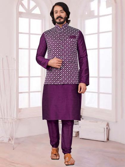 Purple Colour Party Wear Kurta Pajama Jacket.