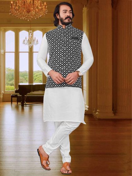 White,Black Colour Art Silk Fabric Mens Kurta Pajama Jacket.