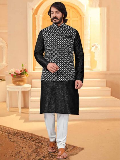 Black Colour Art Silk Fabric Party Wear Kurta Pajama Jacket.