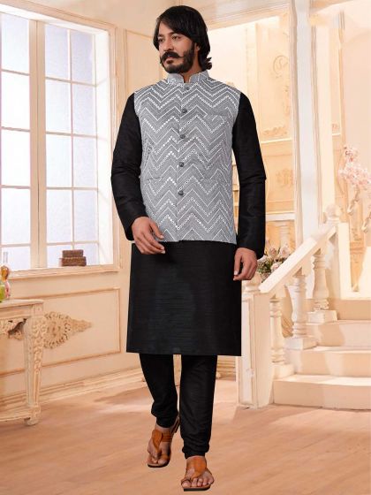 Black,Grey Colour Art Silk Fabric Mens Kurta Pajama Jacket.