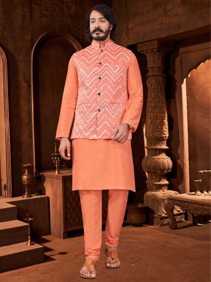 Art Silk Fabric Mens Kurta Pajama Jacket Orange Colour.