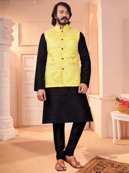 Black,Yellow Colour Mens Kurta Pajama Jacket.