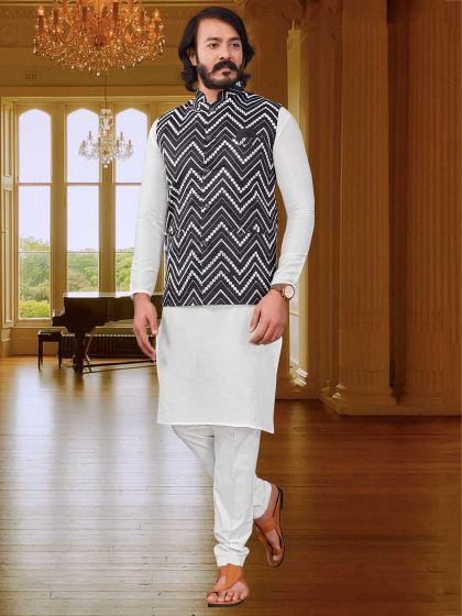 White,Black Colour Mens Kurta Pajama Jacket in Art Silk Fabric.